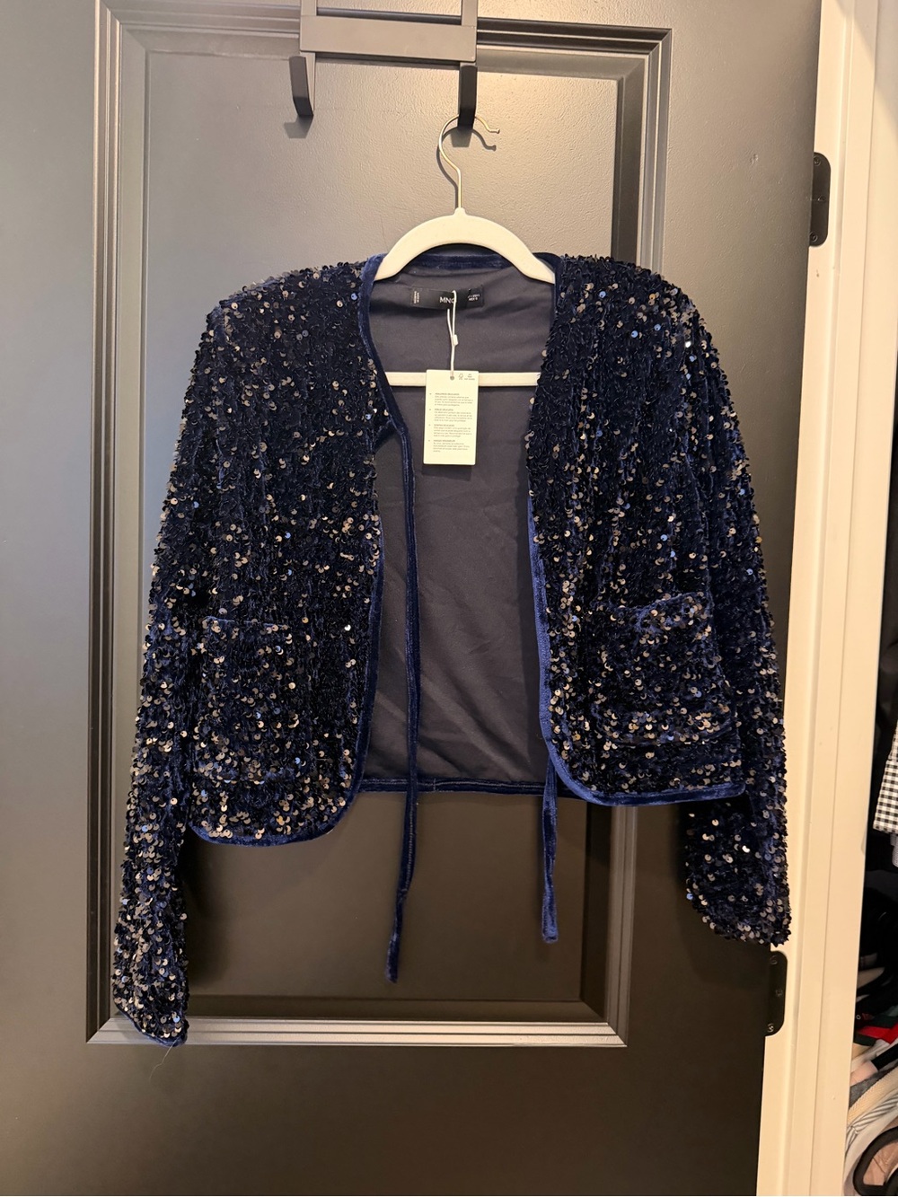 Mango Navy Sequin Crop Blazer